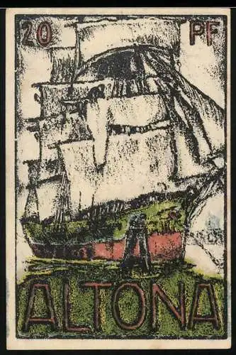 Notgeld Altona, 1921, 20 Pf, Segelschiff und Stadttor, gültig 2 Wochen nach Aufruf im Amtsblatt