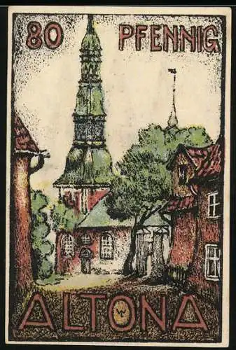 Notgeld Altona, 1921, 80 Pfennig, Kirche und Gebäude, Seriennummer A086260