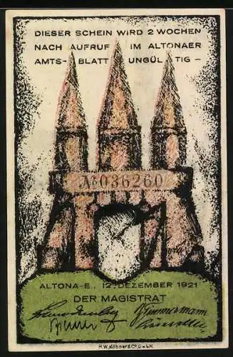 Notgeld Altona, 1921, 80 Pfennig, Kirche und Gebäude, Seriennummer A086260