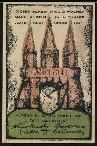 Notgeld Altona, 1921, 30 Pf, Leuchtturm und Stadtmauer mit drei Türmen