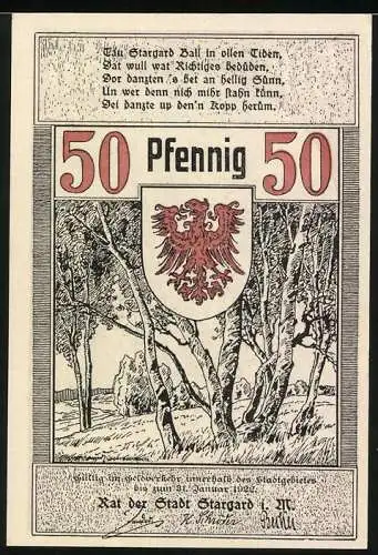 Notgeld Stargard i.M., 1921, 50 Pfennig, Reutergeld mit Landschaftsansicht und Wappen