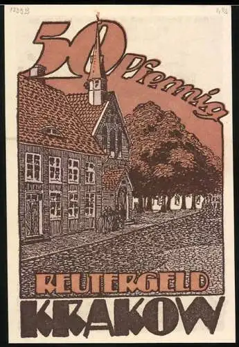 Notgeld Krakow, 1922, 50 Pfennig, Reutergeld mit Gebäudemotiv und Gedicht auf der Rückseite