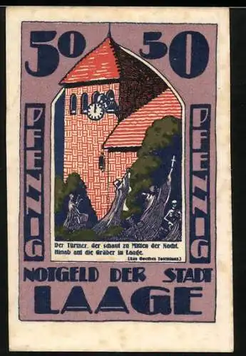 Notgeld Laage, 1924, 50 Pfennig, Kirchturm und Wappen mit Kuhkopf