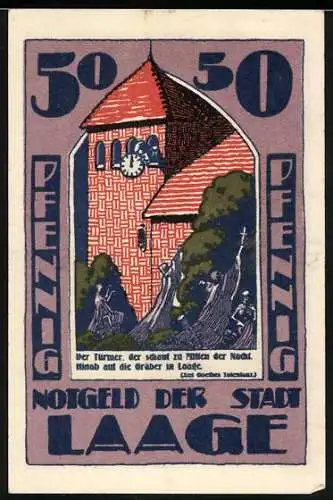 Notgeld Laage, 1921, 50 Pfennig, Turm und Stierkopf-Darstellung