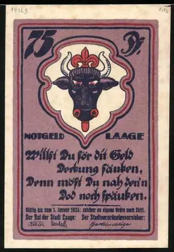 Notgeld Laage, 1921, 75 Pf, Vorderseite mit schwarzem Stierkopf und Spruch, Rückseite mit Stadtansicht und Trommler