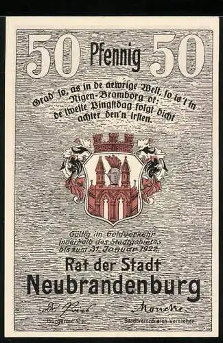 Notgeld Neubrandenburg, 1921, 50 Pfennig, Stadtwappen und Kirche