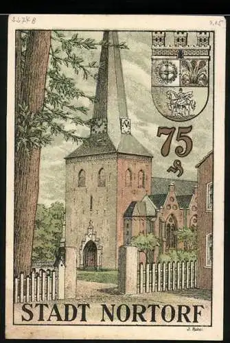 Notgeld Nortorf, 1920, 75 Pf, Abbildung einer Kirche und Wappen auf der Vorderseite, Gültigkeitsvermerk