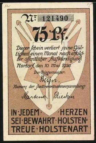 Notgeld Nortorf, 1920, 75 Pf, Abbildung einer Kirche und Wappen auf der Vorderseite, Gültigkeitsvermerk