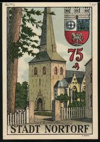 Notgeld Nortorf, 1921, 75 Pf, Kirche und Stadtwappen, rote Rückseite mit Text