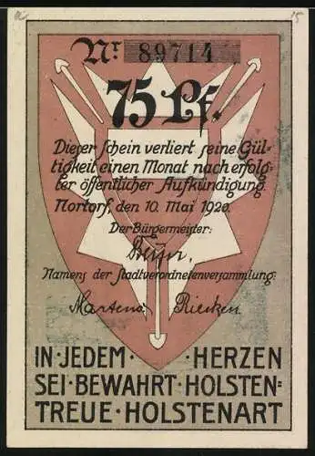 Notgeld Nortorf, 1921, 75 Pf, Kirche und Stadtwappen, rote Rückseite mit Text