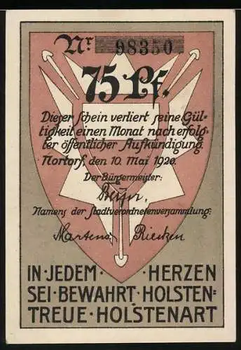 Notgeld Nortorf 1920, 75 Pf, Stadtwappen und Kirche