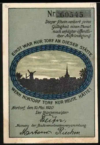 Notgeld Nortorf, 1920, 50 Pfennig, Stadtwappen und Silhouette der Stadt mit Windmühle und Kirche