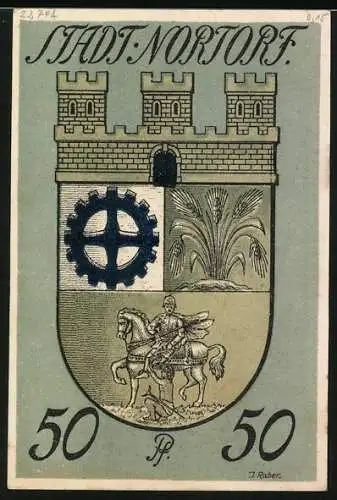 Notgeld Nortorf, 1920, 50 Pfennig, Stadtwappen und Silhouette der Stadt mit Windmühle und Kirche