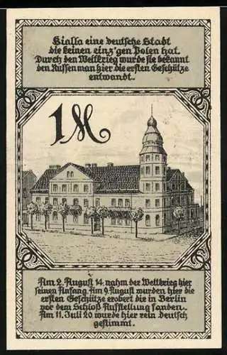 Notgeld Bialla / Ostpreussen 1920, 1 Mark, Stadtansicht mit Gebäude und Gedenktafel, Seriennummer 030822