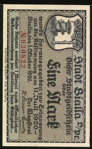 Notgeld Bialla / Ostpreussen 1920, 1 Mark, Stadtansicht mit Gebäude und Gedenktafel, Seriennummer 030822