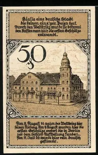 Notgeld Bialla / Ostpreussen 1920, 50 Pfennig, Stadtansicht mit Turm, Gedenkschein an Stadterhebung