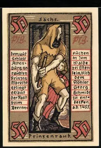 Notgeld Altenburg 1921, 50 Pfennig, Illustration des Prinzenraubs und Schloss Altenburg