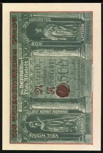 Notgeld Allstedt, 1921, 50 Pfennig, Wipertikirche und historische Figuren Lothar & Heinrich IV.