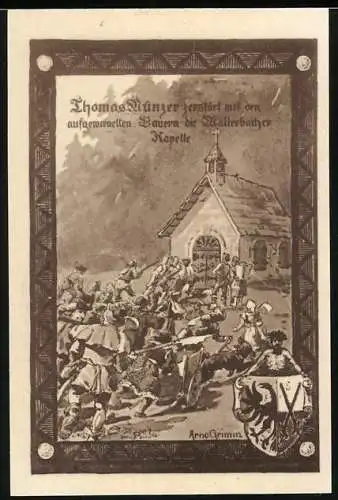 Notgeld Allstedt 1921, 10 Pfennig, Thomas Müntzer vor Kapelle und Portrait Thomas Müntzer