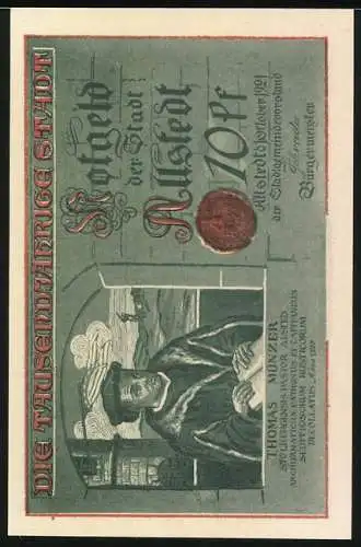 Notgeld Allstedt 1921, 10 Pfennig, Thomas Müntzer vor Kapelle und Portrait Thomas Müntzer