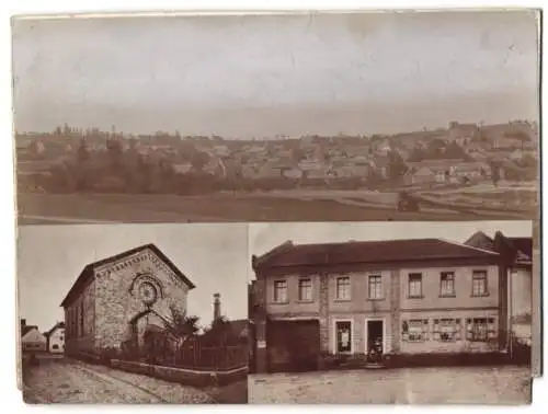 Fotografie Buss & Kupfer, Bad Kreuznach, Ansicht Spiesheim, Geschäftshaus, evangelische Kirche und Totalansicht