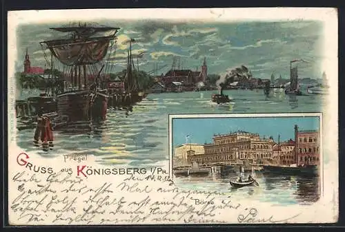 Lithographie Königsberg, Pregel und Börse