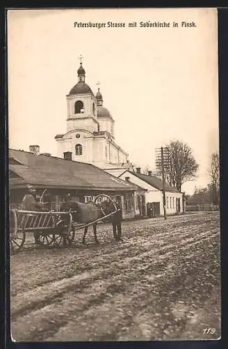 AK Pinsk, Petersburger Strasse mit Soborkirche