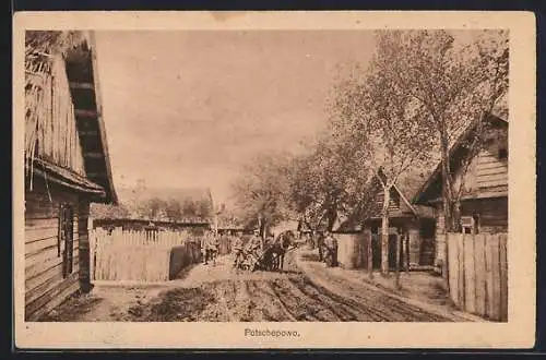 AK Potschepowo, Soldaten auf dem Weg durch den kleinen Ort