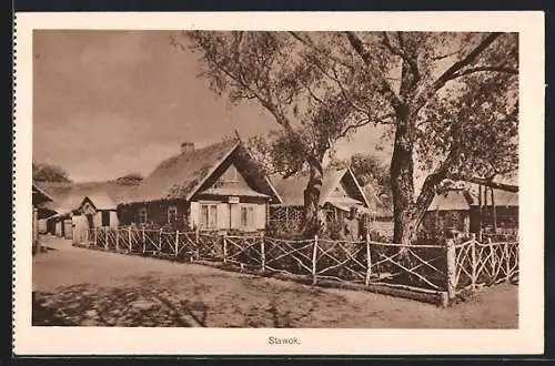 AK Stawok, Ortspartie mit Reetgedeckten Häusern