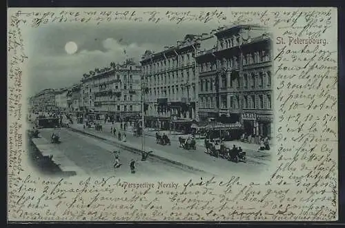 Mondschein-AK St. Petersbourg, Perspective Nevsky