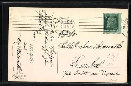 Künstler-AK M. Munk Nr. 518: Korb mit Blumen und Weidekätzchen