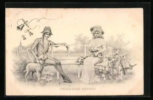 AK Paar mit Lamm und Osterhasen, Ostergruss