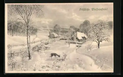 Künstler-AK M. Munk Nr. 864: Winteridylle mit Reh, Weihnachtsgruss