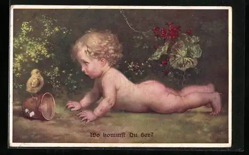 Künstler-AK M.Munk Nr.: 1039, Nacktes Kind mit Vogel