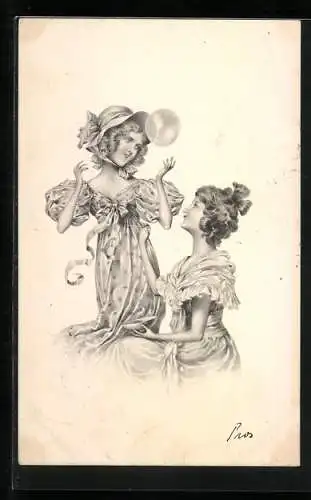 Künstler-AK M. Munk: Zwei junge Damen mit einer Seifenblase