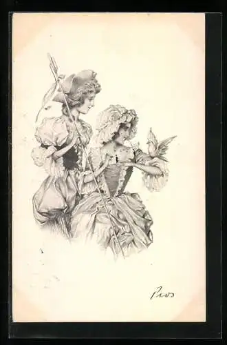 Künstler-AK M. Munk: Zwei junge Damen mit einer zahmen Taube
