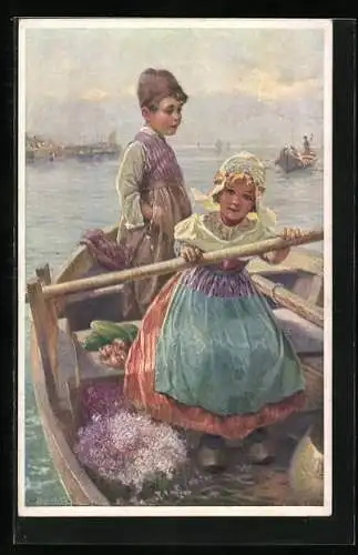 Künstler-AK Rudolf Alfred Höger: Niederländische Kinder in einem Ruderboot mit Gemüse und Flieder