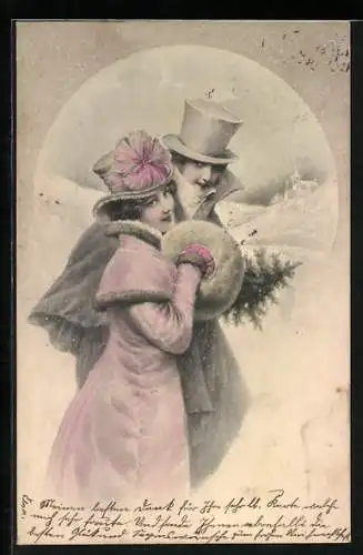 Künstler-AK M. Munk Nr. 156: Paar vor verschneiter Landschaft mit Tannenbäumchen