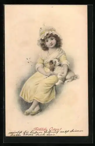 Künstler-AK M. Munk Nr. 217: Kleines Mädchen mit kleinem Hund, Ostergruss