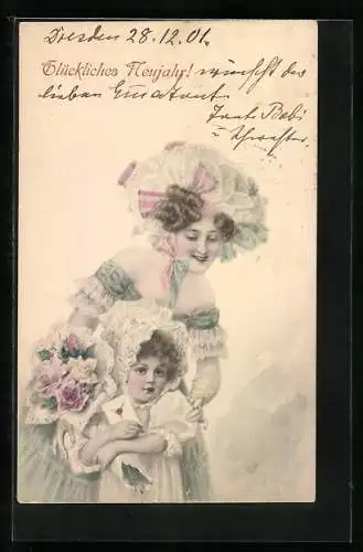 Künstler-AK M. Munk: Mutter mit Tocher und Blumenstrauss