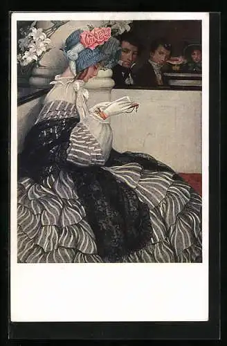 Künstler-AK M.Munk Nr.: 378, Hübsche Frau ein Buch lesend, Männer blicken sie verstohlen an