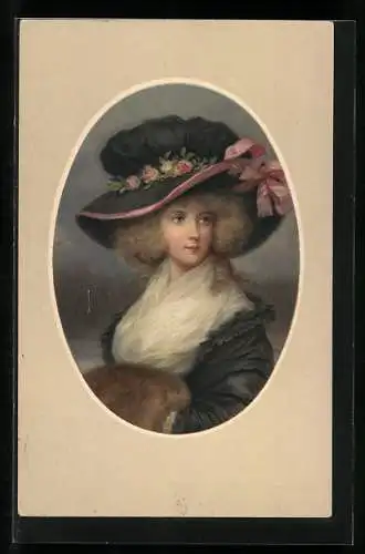 Künstler-AK M. Munk Nr. 5590: Dame mit blumengeschmücktem Hut und Muff