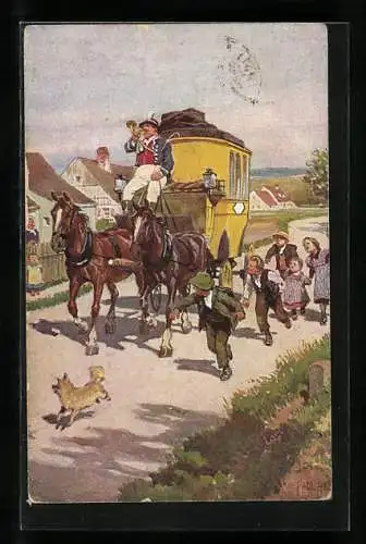 Künstler-AK P. Hey, Volksliederkarte, Trara, trara, die Post ist da, Postkutsche
