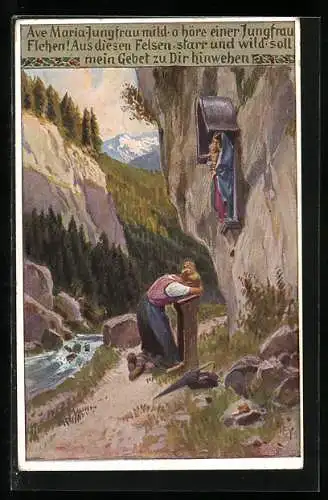 Künstler-AK Paul Hey: Volksliederkarte Nr.: 85, Frau beim beten am Flurkreuz