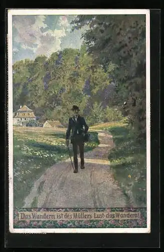 Künstler-AK Paul Hey: Volksliederkarte Nr.: 64, Das wandern ist des Müllers lust