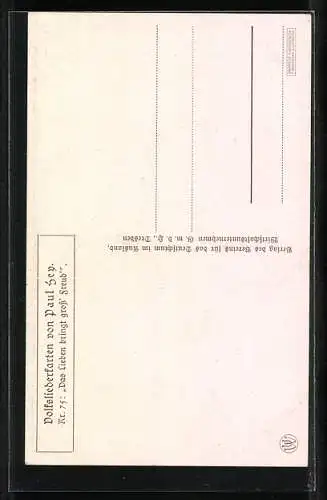 Künstler-AK P. Hey, Volksliederkarte Nr.: 75, Das Lieben bringt gross` Freud, Paar am Fenster