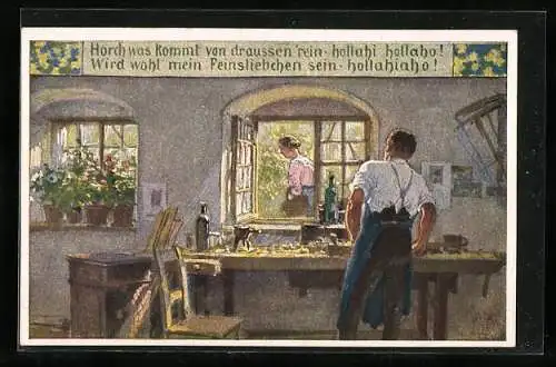 Künstler-AK P. Hey, Volksliederkarte Nr. 57: Arbeitender Mann erwartet seine Frau