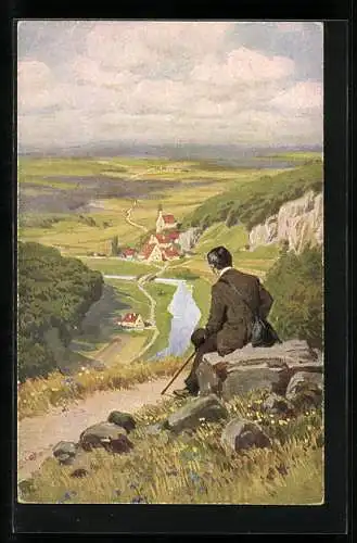 Künstler-AK P. Hey, Volksliederkarte Nr.: 20, Nun ade, mein lieb Heimatland