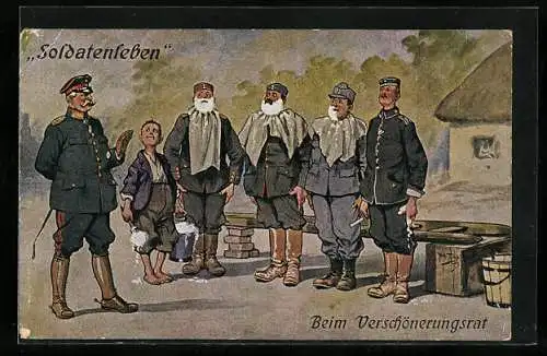 Künstler-AK Arthur Thiele: Soldatenleben, Beim Verschönerungsrat, Soldaten bei der Rasur