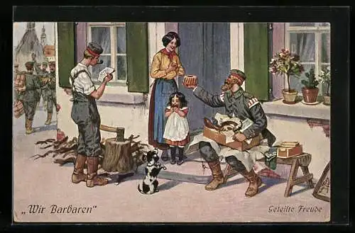 Künstler-AK A. Thiele: Geteilte Freude, Soldat übergibt der Frau einen Kuchen